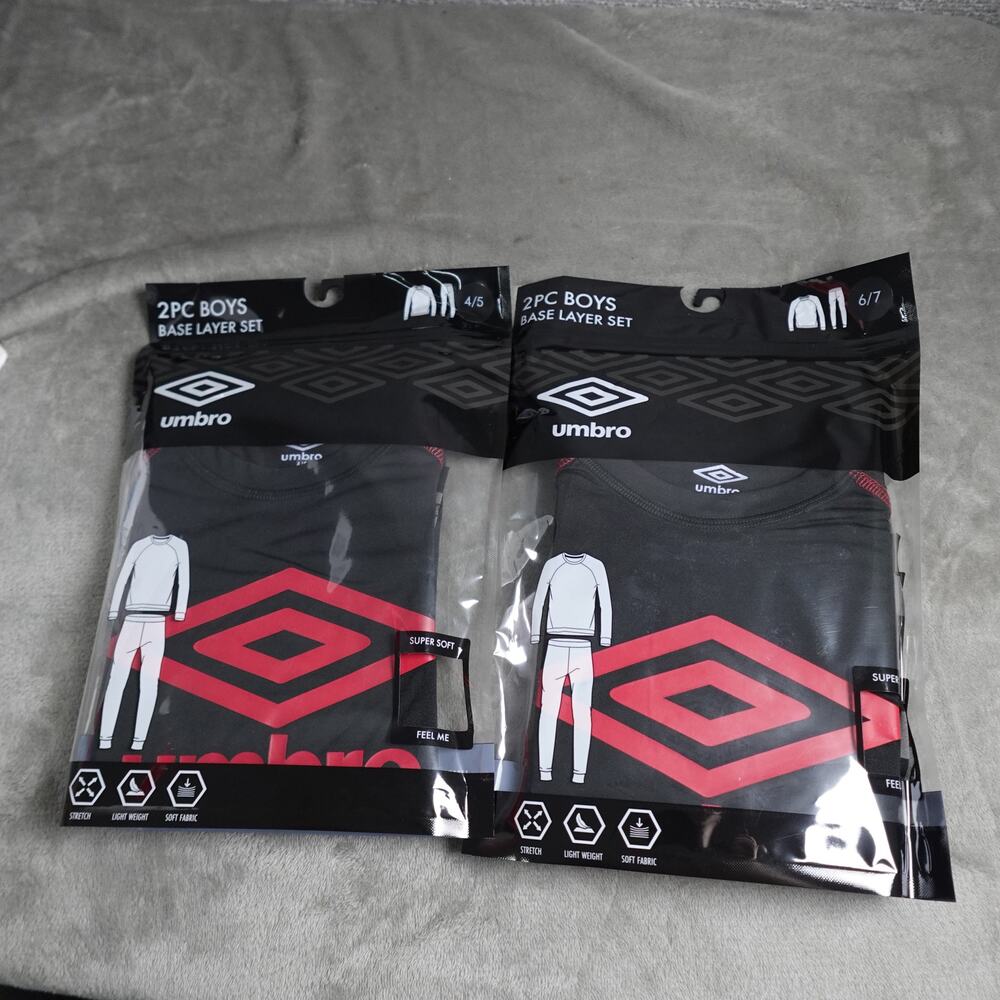 Lot of 2 Umbro Boys Size 4/5 New 2 Piece Base Layer Set Black w/ Red Logo